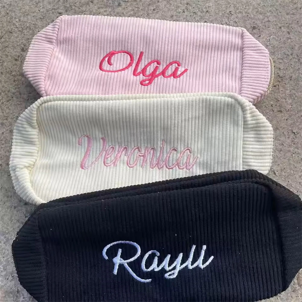 New Embroidered Women's Corduroy Cosmetic Bag Small Storage Bag Travelling Simple Wash Bag Personalized Name Gift Toiletry Bag