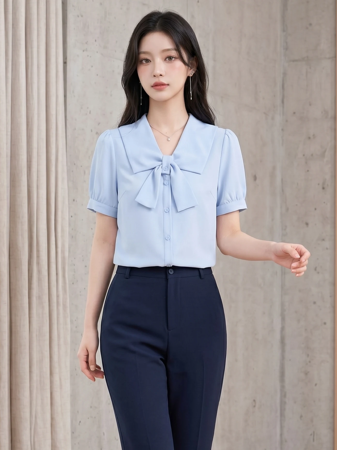 

Blue Short Sleeve Shirt Women's Summer 2026 New Commute Versatile Interview Top Professional Attire Polyester Fiber Skinfrien...