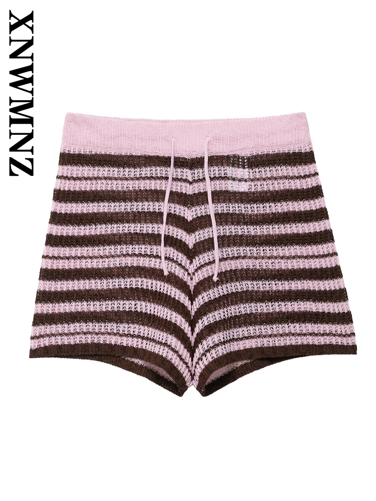 

XNWMNZ 2025 Summer New Lady Fashion Holiday drawstring Knitted Shorts Chic Vintage Woman's Patchwork Striped with Tie