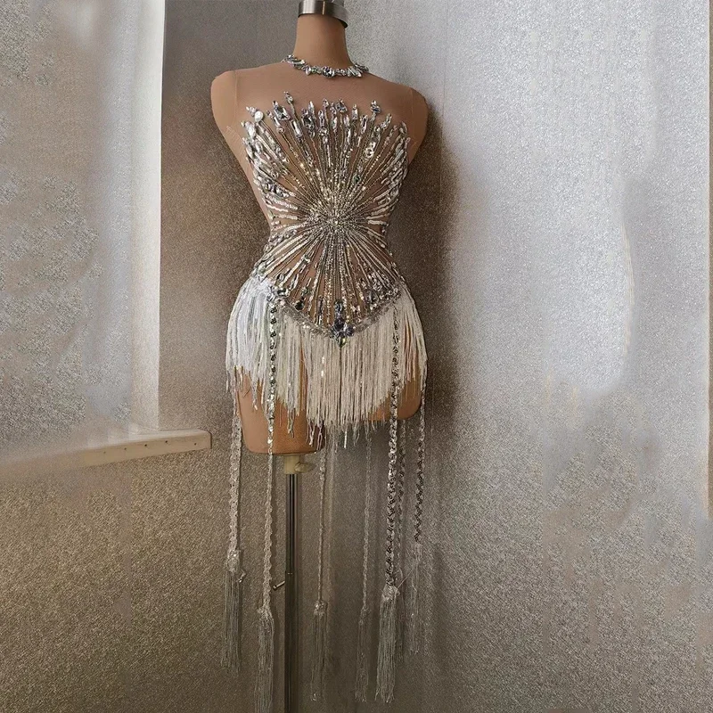 Strass argento Frange Body Maglia sexy Paillettes Vestito Donna Nightclub Party Gogo Ballerino Indossare Drag Queen Costume XS5988