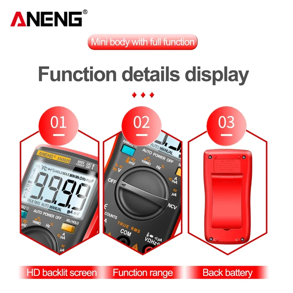 ANENG AN8009 Digital Multimeter Automotive ACDC Voltmeter Ammeter True-RMS Capacitor Transistor Tester Temp Diode Test Tools