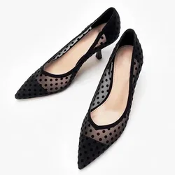 Maogu Black Women scarpe da lavoro con tacco alto a punta Dot Mesh Vintage Elegant Shallow Stiletto 2023 primavera estate décolleté con tacco sottile