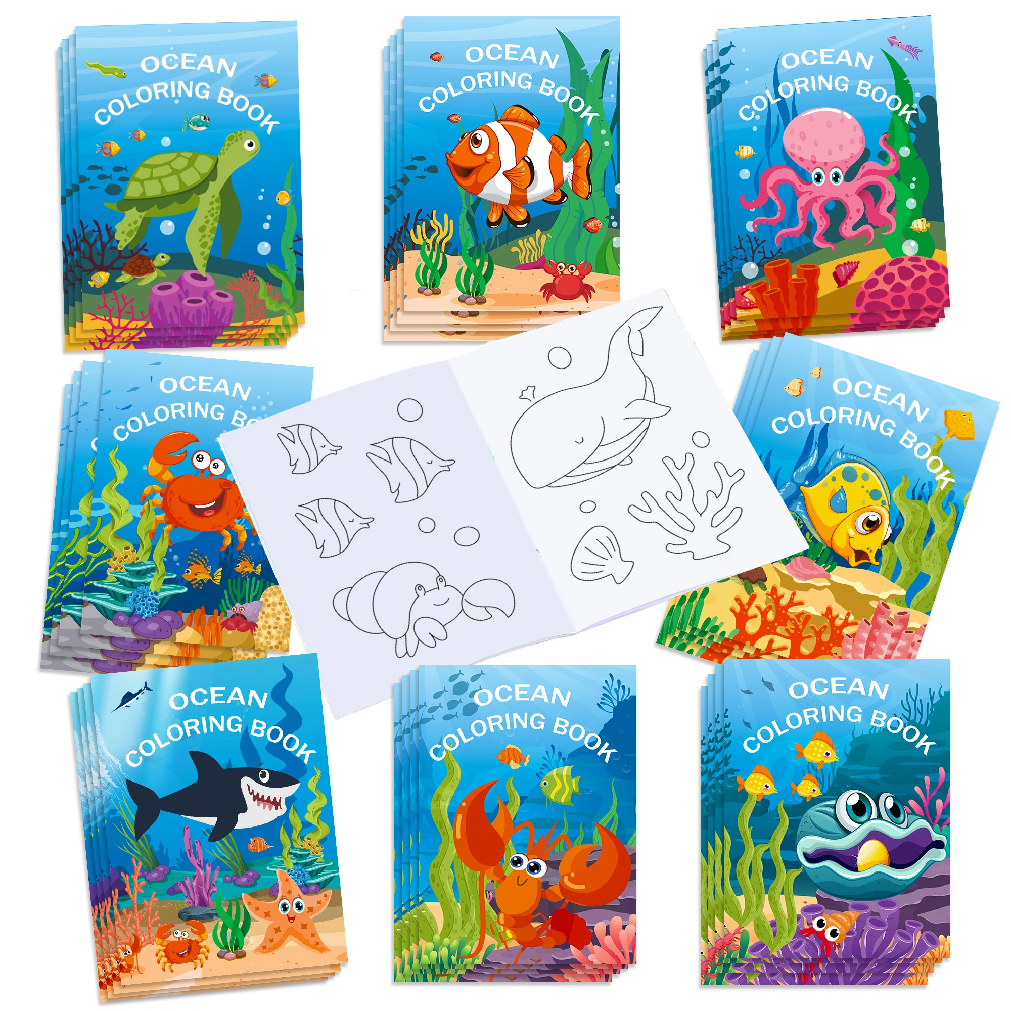 16pcs Cartoon Underwater World Sea Fish Animal Theme Magical Coloring Drawing Book Kids Toys Early Education Birthday Gift Decor