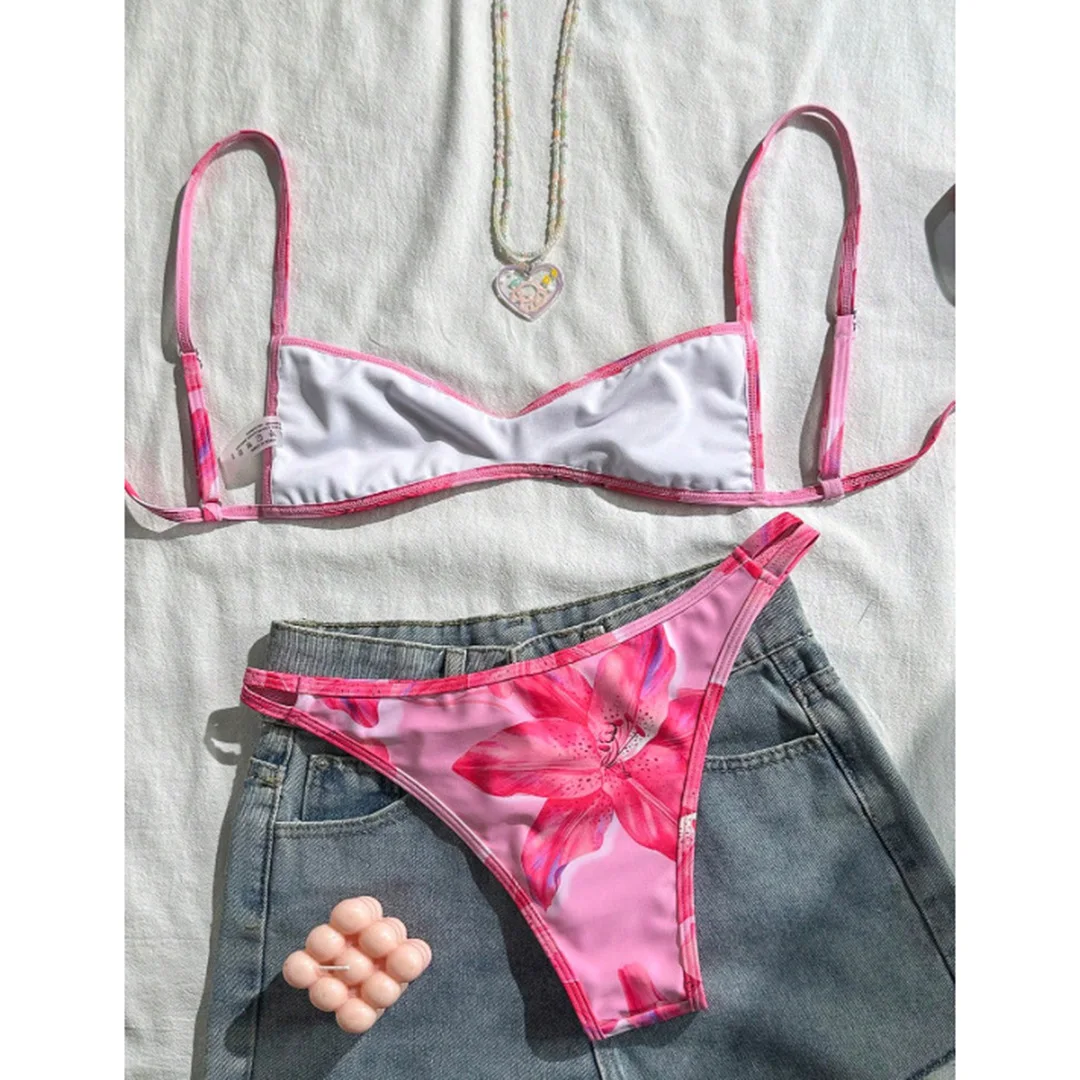 S - XL, Bikini mit Blumenmuster und hohem Beinausschnitt, Damen-Badebekleidung, zweiteiliges Bikini-Set, Badeanzug, Badebekleidung, Modell V7800. – Detail 3