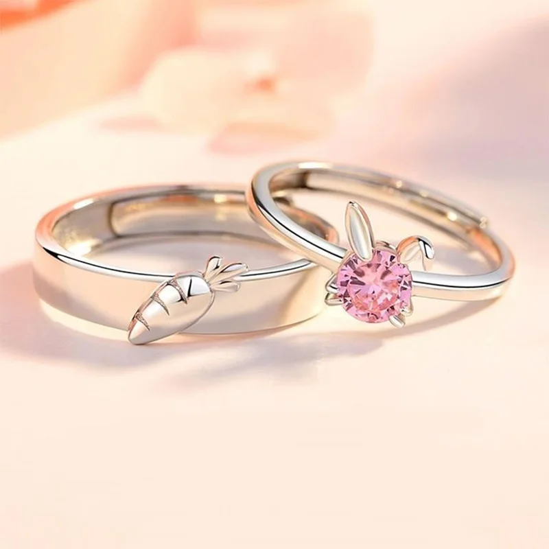 Romantic Carrots And Rabbit Couples Rings Sweet White/Pink Crystal Bunny Open Adjustable Rings Jewelry Lovers Valentine's Day