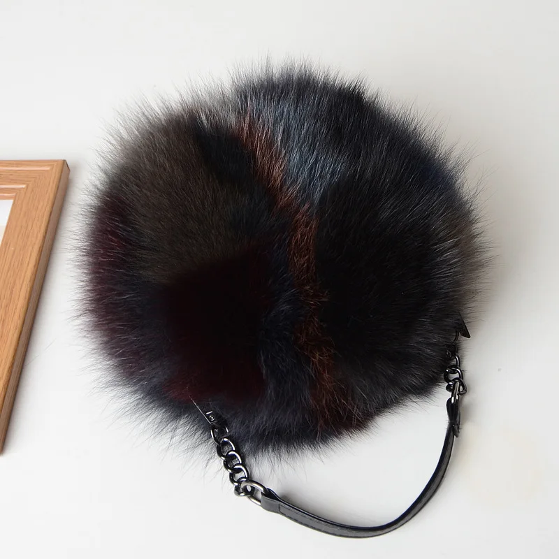 Women Winter Real Fox Fur Hand bag  Cute Girls Multi Color Luxury Genuine Fur Tote Bag Ladies Small Round Bags