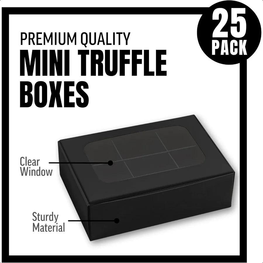 Kotak Truffle Mini Hitam SANGAT KECIL untuk 6 Camilan, dengan Jendela dan Pembatas, 5 x 3,5 x 1,57 Inci, Kemasan 25 Pcs