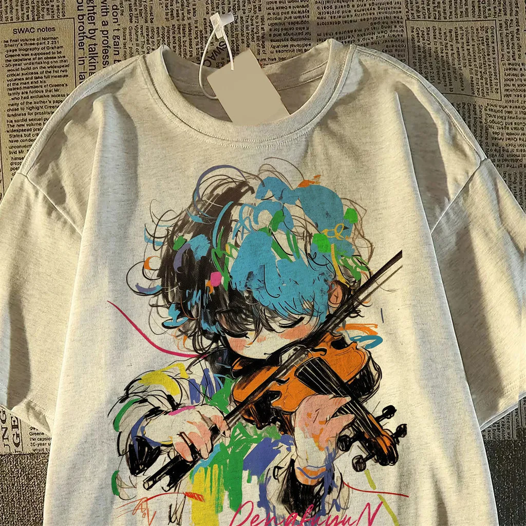 Camiseta de manga corta con estampado de violín de dibujos animados de verano, camiseta holgada sencilla de moda para hombres y mujeres