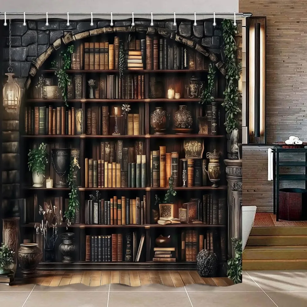 

Gothic Bookshelf Shower Curtain, Vintage Witchy Dark Farmhouse Books Waterproof Fabric Curtain