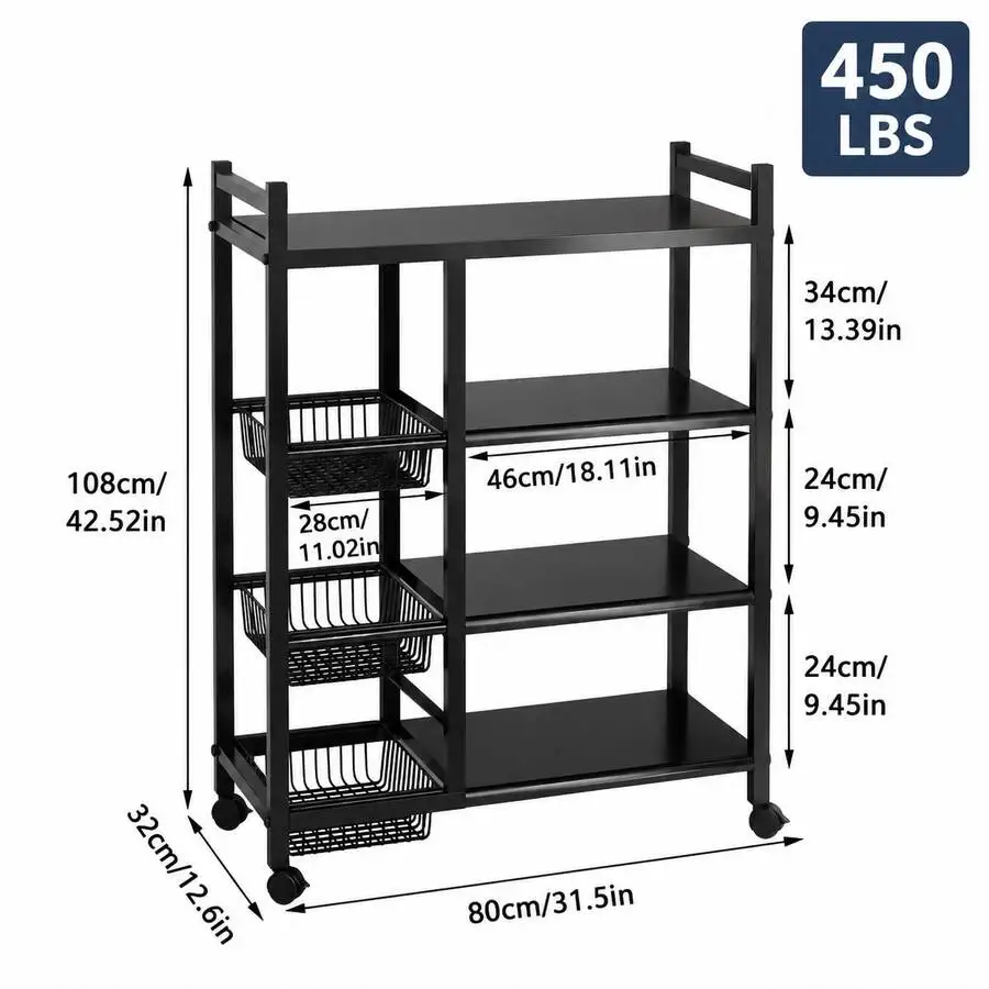 A 4-Layer Black Metal Storage Rack With Wheels - A Multi-Functional Vegetable Rack For The Kitchen And Pantry, Featuring 3 Metal