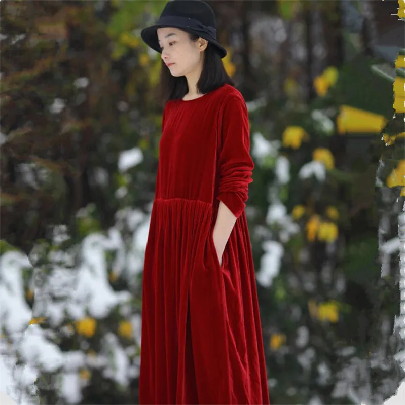 2024 New Korean style women Spring and Autumn long sleeve vintage velour dress Winter velvet maxi dress vestido mujer robe