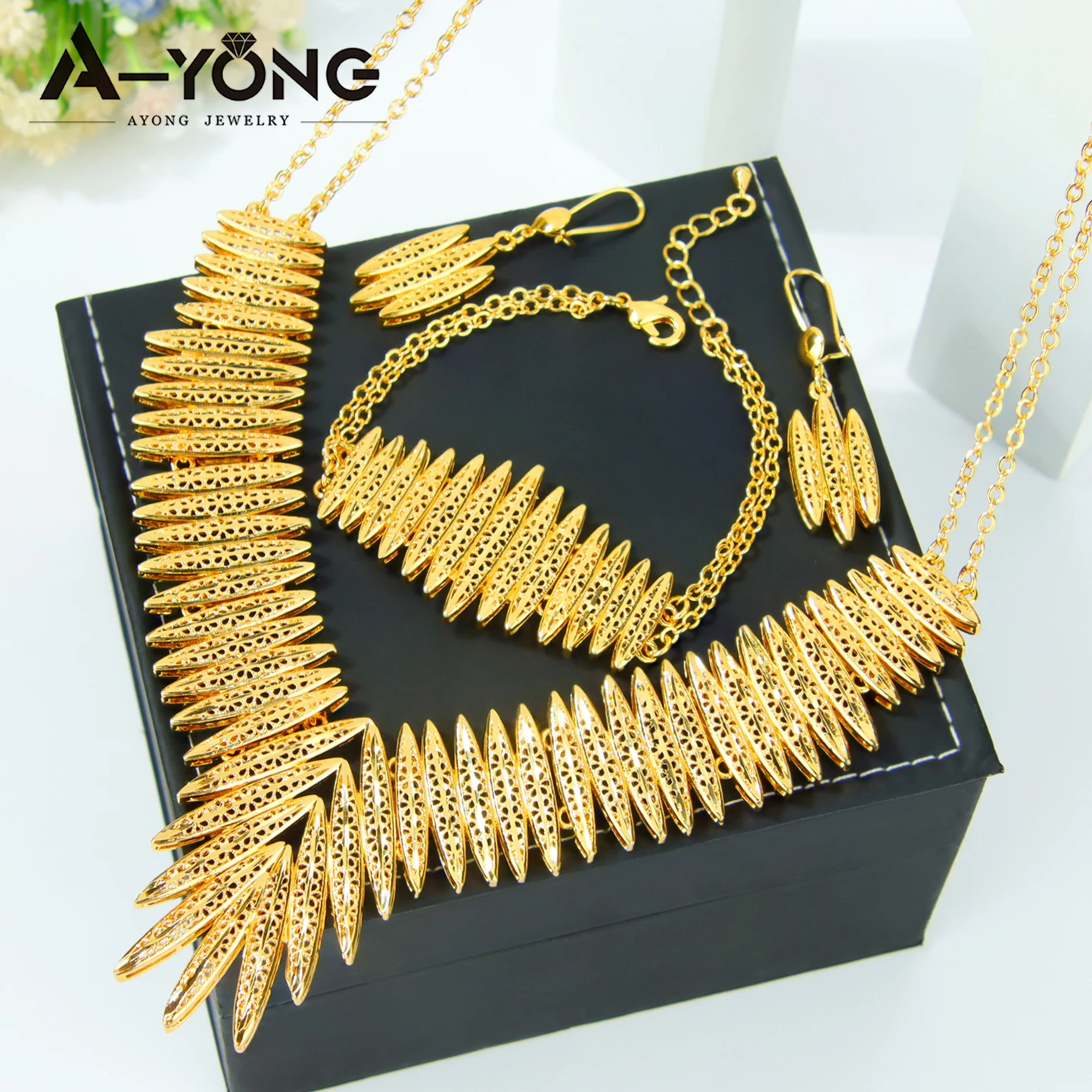 Luxus Dubai Hochzeit Schmuck Set 24k Gold Überzogene Arabisch Braut Gold Halskette Armband Ohrringe Habesha Frauen Party Schmuck – Detail 6