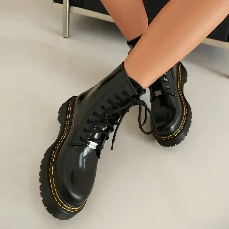 Womens Ankle Boots Patent Leather Black Green Chunky Heels Lace Up Platform Shoes Candy Color Motorcycle Combat Booties Ladies