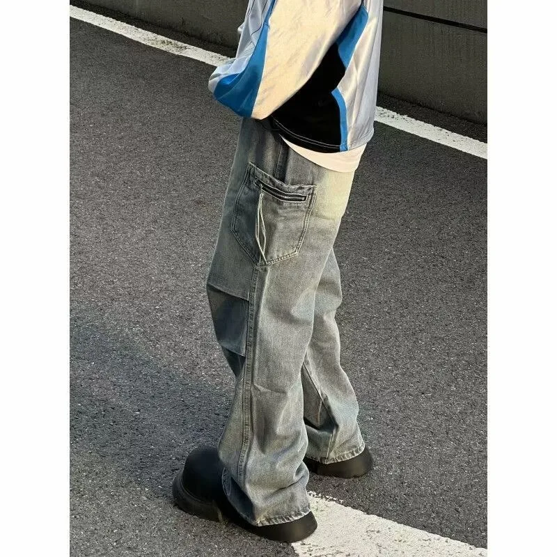الجينز الرجال الخريف واسعة الساق فضفاض مستقيم مطوي القديمة بناطيل كاجوال بهو ملابس غولف جديد الرجال بنطال رفيع الرياضة Y2k دبوس الشعر