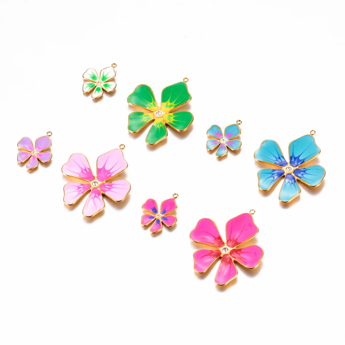 6Pcs Stainless Steel Colorful Exquisite Enamel Flower Charm Crystal Plant Pendant for DIY Bracelet Necklace Jewelry Making