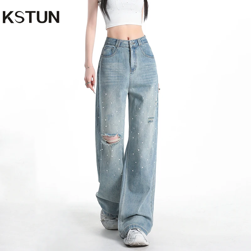 

KSTUN рваные джинсы с жемчугом и бисером, женские широкие брюки с высокой талией, рваные винтажные уличные брюки в стиле Americian