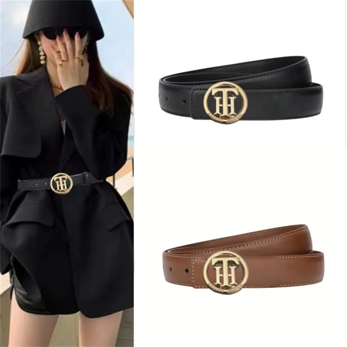 

Women's Fashion Genuine Leather Belts High Quality Gold Buckle Best Matching Dress Jeans Belts for Woman
