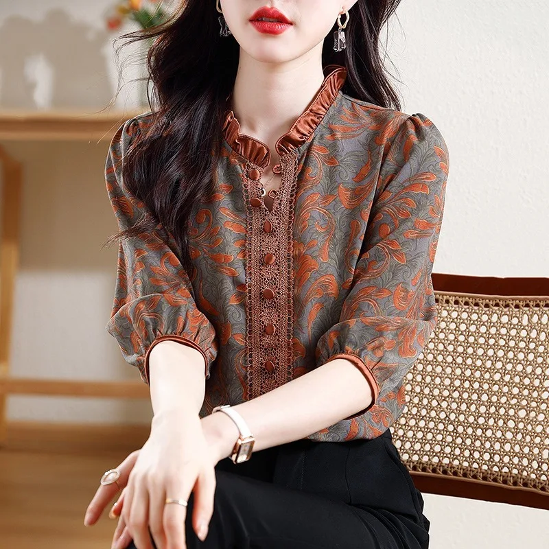 Spring and Summer New Women\'s Shirts Loose Fashion Casual Printing Pullover Half Neck Button Commuter Elegant Vacation Tops