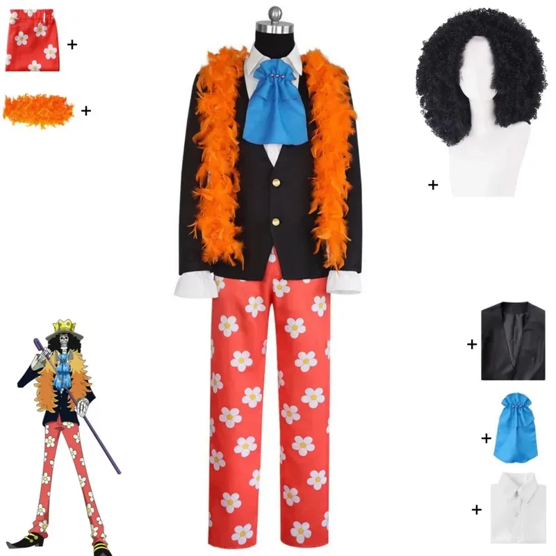 Disfraz de Anime Burukku Brook, disfraz de Revive-Revive Fruit, vestido de noche negro, abrigo, bufanda, peluca, traje de Carnaval de Halloween para hombre adulto