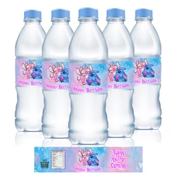 Pegatinas de Lilo & Stitch para botella de agua, etiquetas de bautismo, Baby Shower, suministros de decoración de cumpleaños, envoltorios de botella de agua para fiesta de puntada