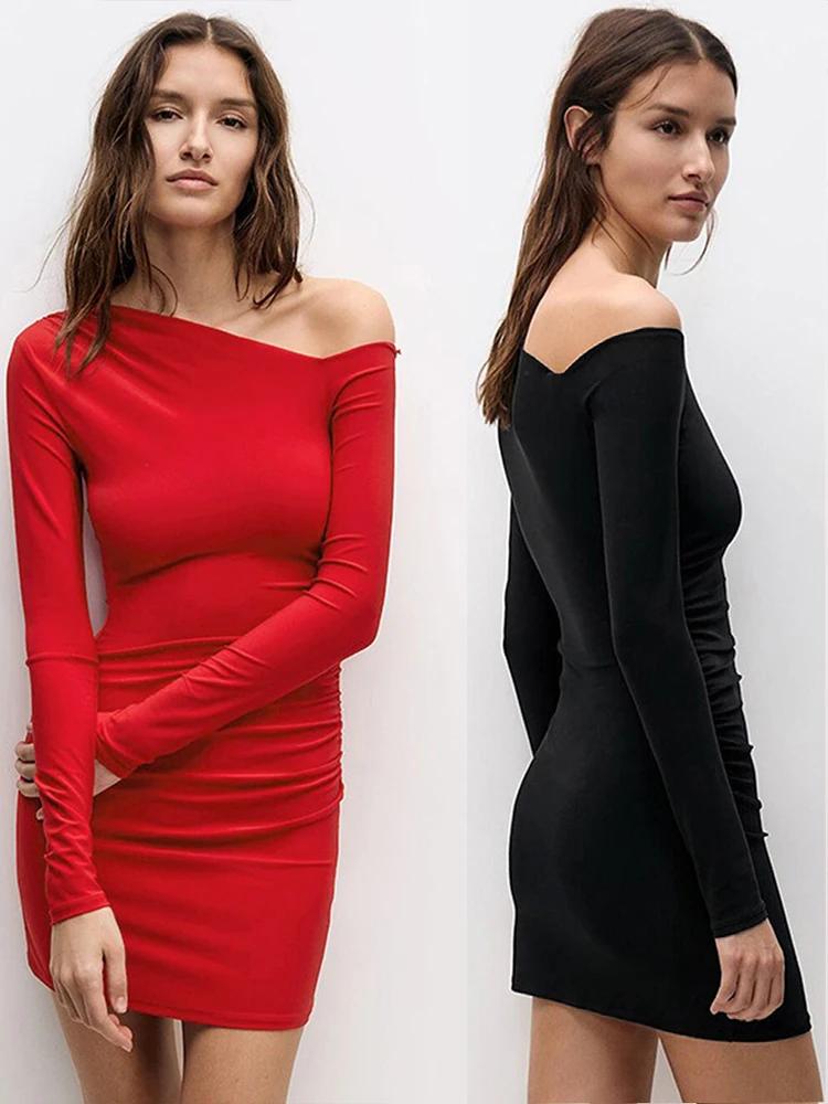 

GELITAYIN New Women's Dresses Autumn Sexy Off Shoulder Solid Mini Dress Streetwear Fashion Long Sleeves Casual Slim Female Knitt