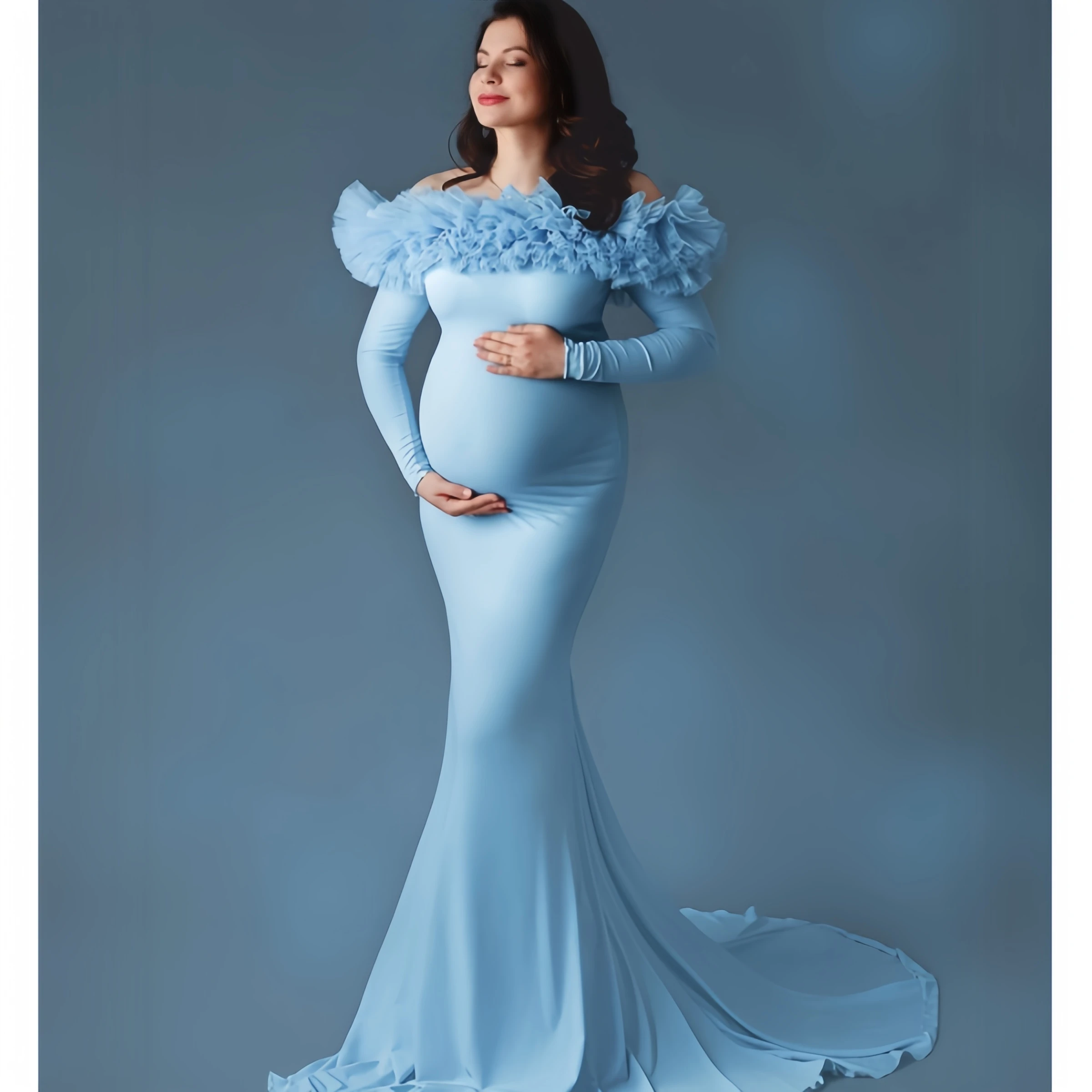 Robe Sirène Élégante à Manches sulfpour Femme Enceinte, Vêtement Bleu Ciel, Tenue Personnalisée, pour ixPréChristophe