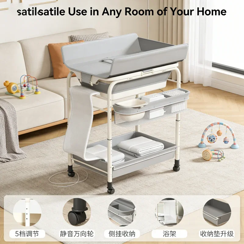محطة تغيير حفاضات الطفل الفاخرة مع حوض الاستحمام للطي طاولة التمريض سلال جانبية تخزين الرف عجلات وغسل شبكة الرعاية 2-i