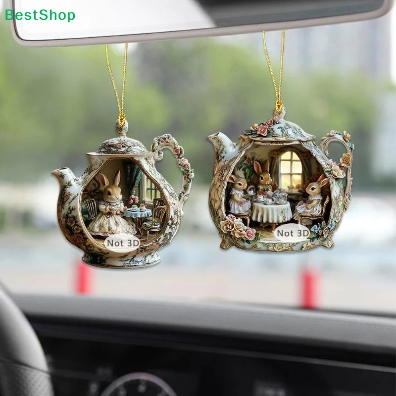 

Винтажный цветочный чайник с кроликом в диораме — подвесное украшение для автомобиля (на зеркало заднего вида) и домашнего декора