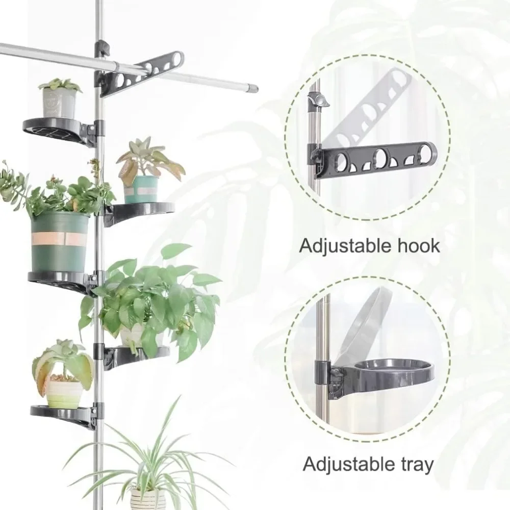 Pflanzenstangenständer, doppelte Spannstangen, Blumentopf-Aufbewahrungsregalhalter für die Decke, Präsentationsständer, Aufhänger mit 2 Haken und 1 Teleskopstange