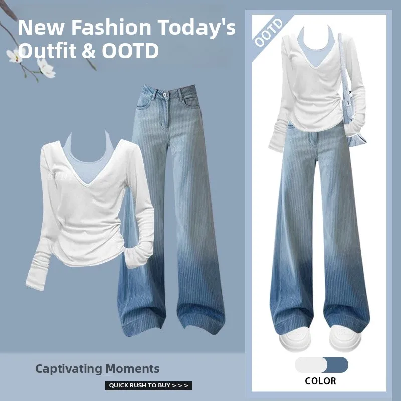 

Spring Set 2026 New Women's Korean Style Miu System Dopaamine Knitted Sweater Short Skirt Jeans Three Piece Set Fashionable E...