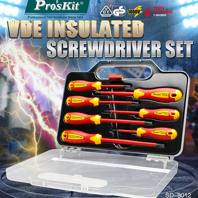 

Pro'skit, 7 предметов, изолированная отвертка, IEC 60900, высокое напряжение, 1000 В, код безопасности, прецизионная отвертка, набор ручных инструментов
