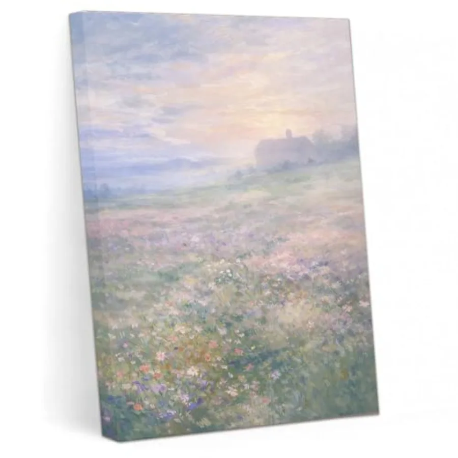 

French Country Floral Wall Art Vintage Colorful Flower Field Landscape Poster Nature Pastel Cottagecore Oil Painting Canvas Pri