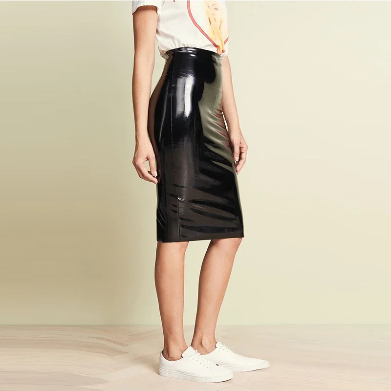 Women's High Waist Patent Faux Leather Knee Length Skirt Back Slit Hem Office Lady PU Leather Pencil Skirt Summer Streetwear