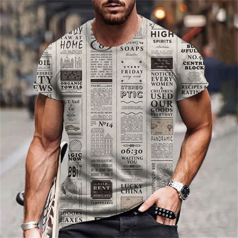 Newspaper Printing Men's T-Shirt Summer Casual Short Sleeved Top O Neck T Shirt Street Retro Fashion Breathable Men Clothing