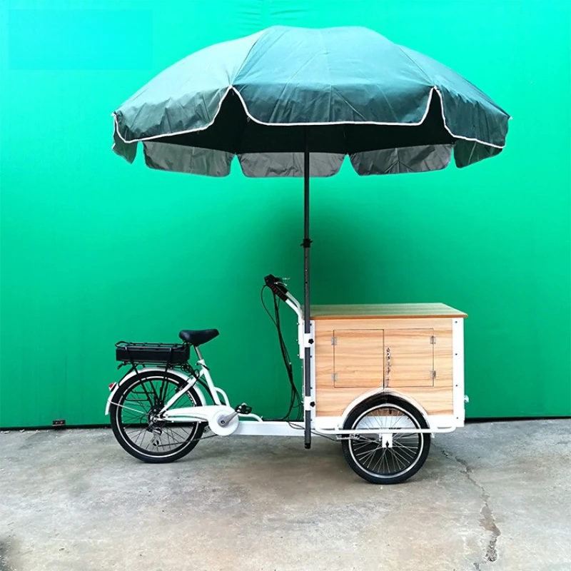 Electric upside down donkey takeaway bicycle mall street view coffee milk tea sale human pedal tricycle view 2