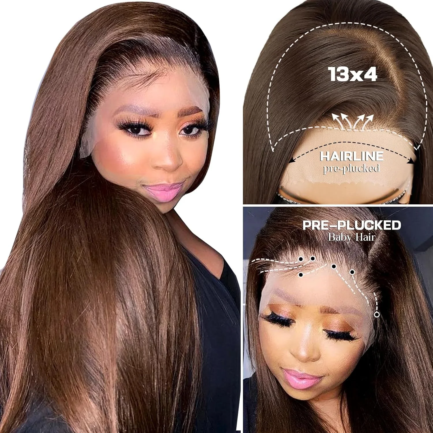 13x6 schokoladenbraune Lace-Front-Perücke, 220 % Dichte, Ohr-zu-Ohr-HD-Lace-Front-Perücken, Echthaar, klebefrei, braunes Echthaar 4 #   Farbig