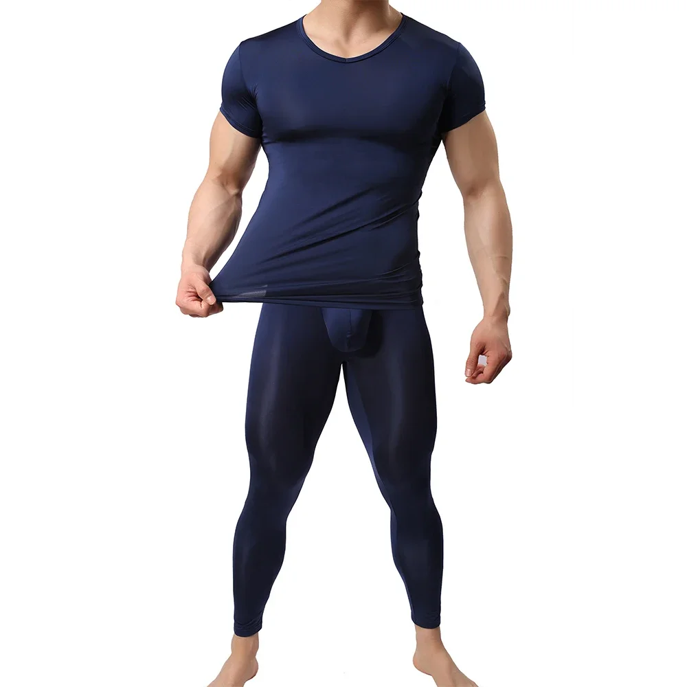 

Пижамный комплект мужской шелковый, Удобная Шелковая Рубашка с коротким рукавом и штаны, ночная рубашка, домашняя одежда