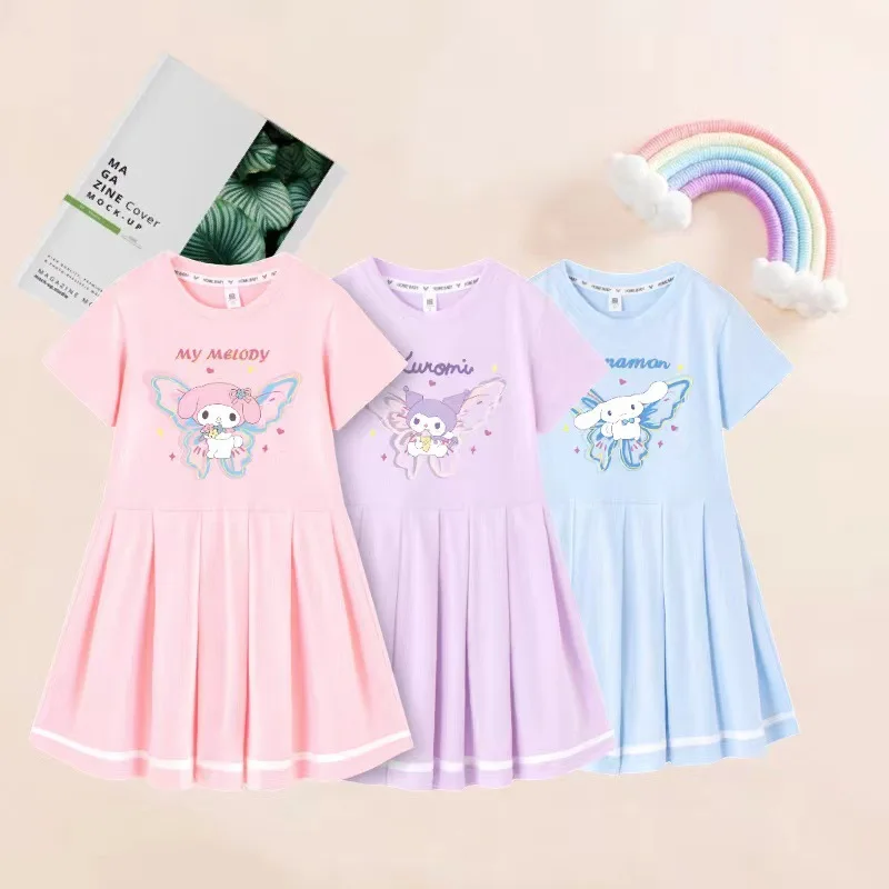 Sanrio Kuromi Girls Fashion Short Sleeve Dresses Summer Cute Cinnamoroll Melody Print Princess Dress Kids Birthday Clothes