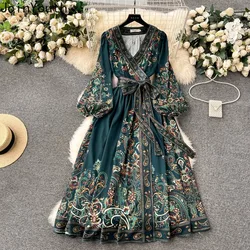 Vintage Women Party Dress Lantern Sleeve Bandage Slim Waist Print Long Robe Femme 2024 Vestidos De Mujer Big Swing Maxi Dresses