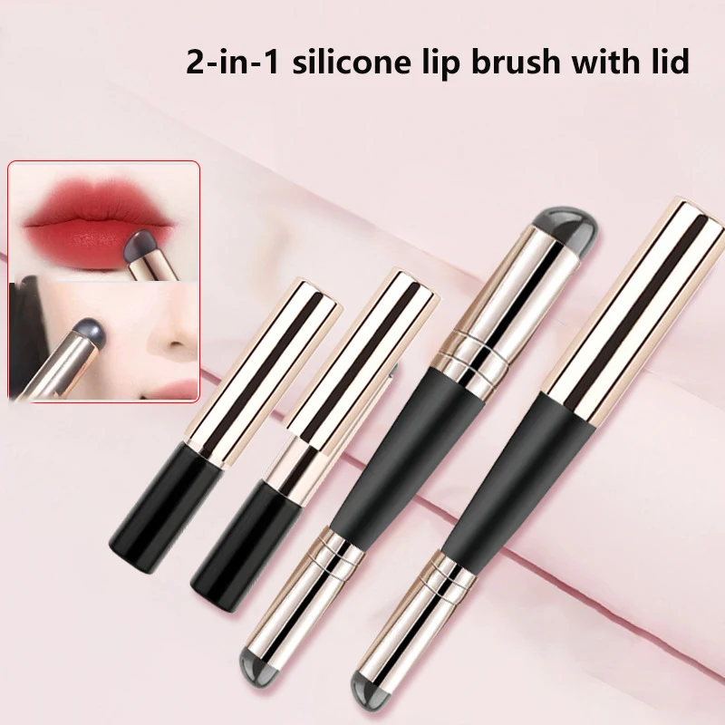 Pincel de silicona de doble cabezal con tapa, brochas correctoras en ángulo, bálsamo labial, brillo de labios, brochas correctoras de cabeza redonda, brochas de maquillaje