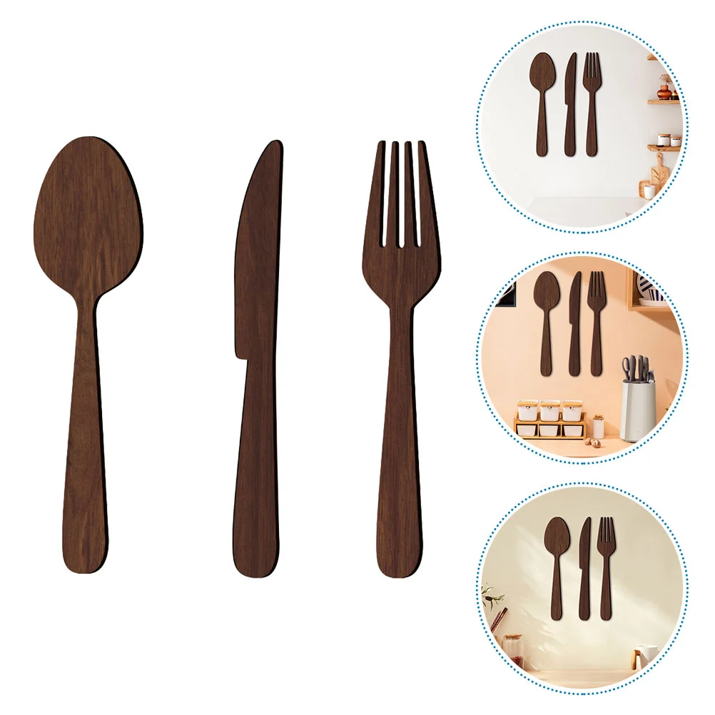 Sign Wooden Fork Spoon Knife Kitchen Wall Sticker Cabinet Decoration above Home Brown