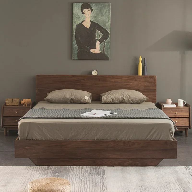 Nordic all solid wood black walnut double bed modern simple Japanese box storage bed