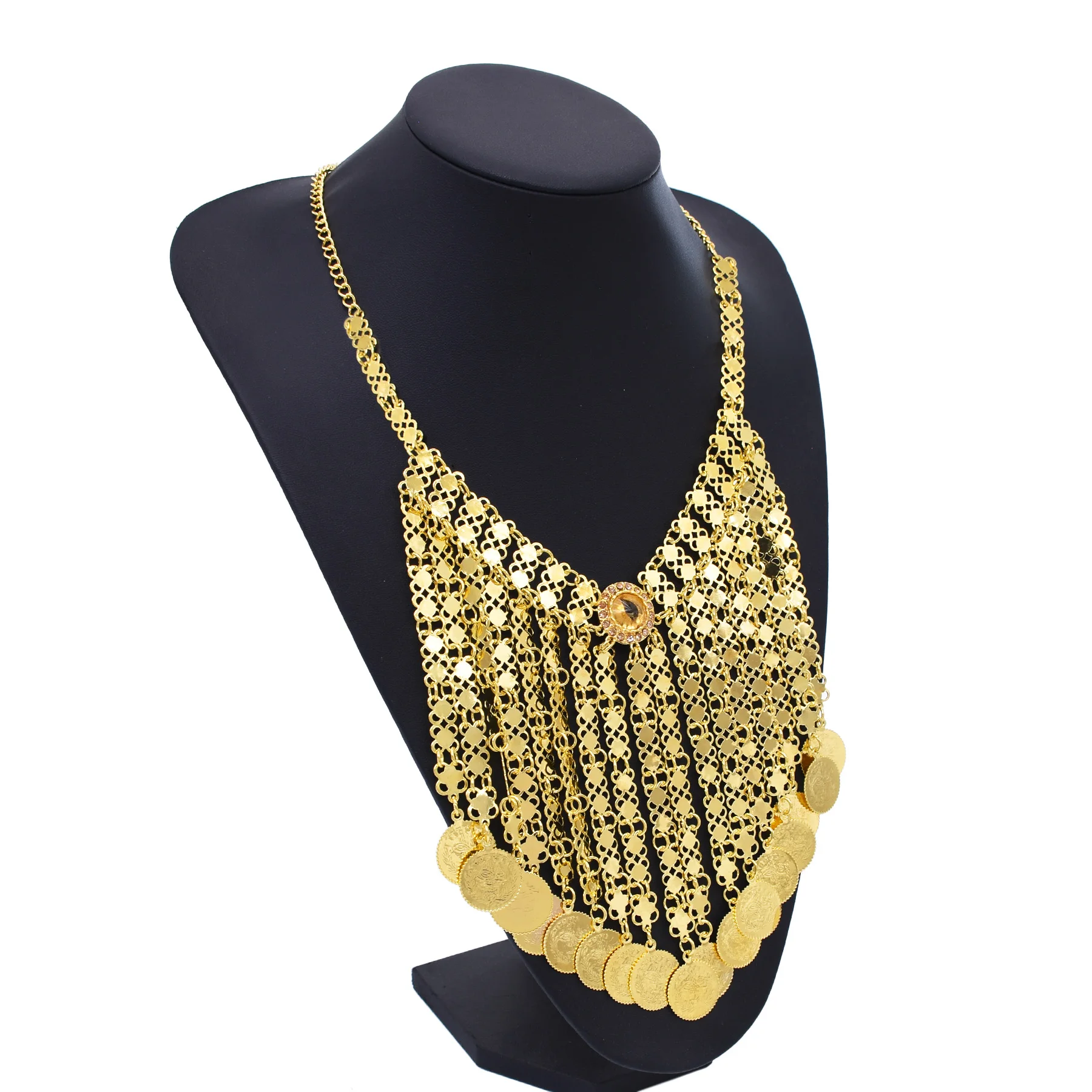 المتخصصة الرجعية العرقية نمط الوسطى الآسيوية الزفاف العملات الذهبية شرابة قلادة طويلة مبالغ فيها قلادة مأدبة العروس الملحقات
