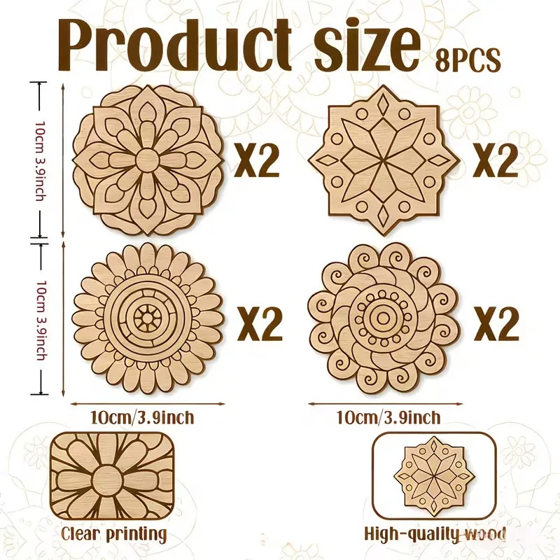 8pcs Unfinished Mandala Coloring Wooden Art Painting DIY Kit, Creative Craft Doodle Tool Kit, High-Quality Materials,Clear Lines view 6