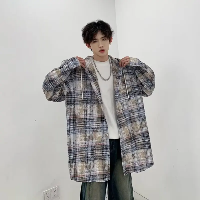 Spring New Vintage Men's Loose Long Sleeved Shirt Tops Korean Fashion Harajuku Tie Dyed Plaid Hooded Shirt Coat Y2K Streetwear