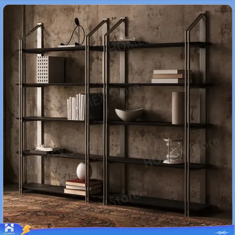 Modern Stainless Steel Standing Bookshelf Adjustable Open Display Storage Rack for Living Room Books Items Home Organizer