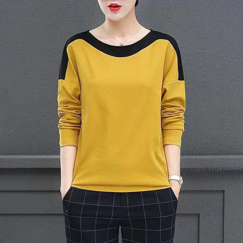 2023 Spring Autumn Korean Fashion Women\'s Casual Contrast Color Long Sleeve Basic T-shirts Round Neck Loose Ladies Tops Clothing