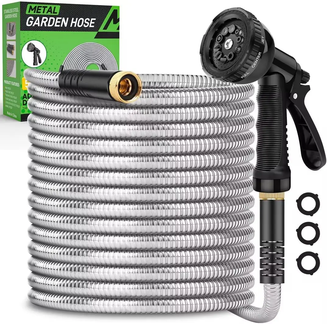 

100ft Heavy Duty Stainless Steel Garden Hose with 10 Nozzles, Flexible and No Kink for Yard Use