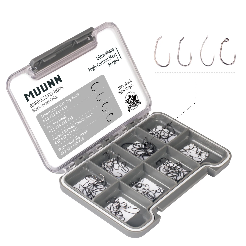 MUUNN 160PCS FlyFishing Hooks Set, #10#12#14#16#18,Dry Nymph Shirmp Wet Caddis,Wide Gape Jig,Barbless Fly Tying Hook Boxed