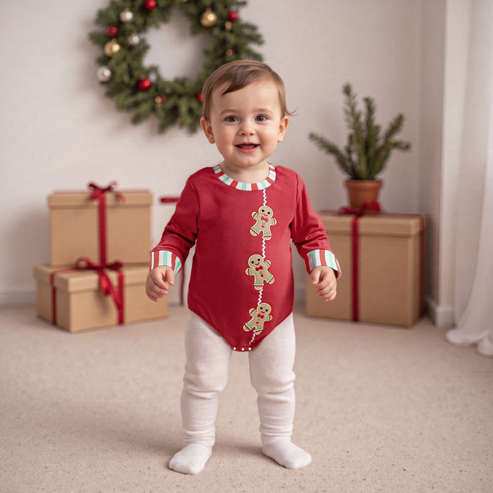 2026 السنة الجديدة عيد الميلاد الطفل عيد الميلاد الزنجبيل التطريز رومبير طويلة الأكمام طاقم الرقبة فقاعة بذلة للأولاد الرضع الأولاد #3